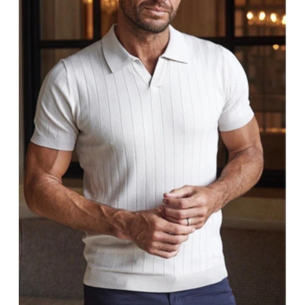 NWT Collars & Co Mens Luxury Knit Polo Cream Ribbed Silk Blend Johnny Collar 2XL